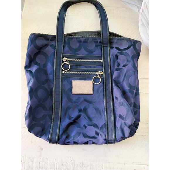 Coach "Poppy" Blue Signature Jacquard Tote Bag with Dual Zippered Pockets - Picture 1 of 6